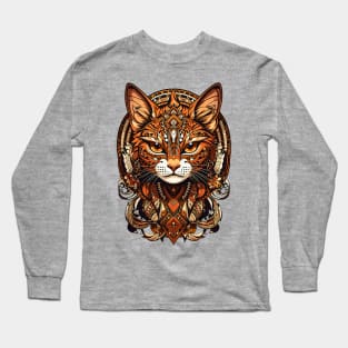 Serious Brown Cat retro vintage tribal art fusion design Long Sleeve T-Shirt